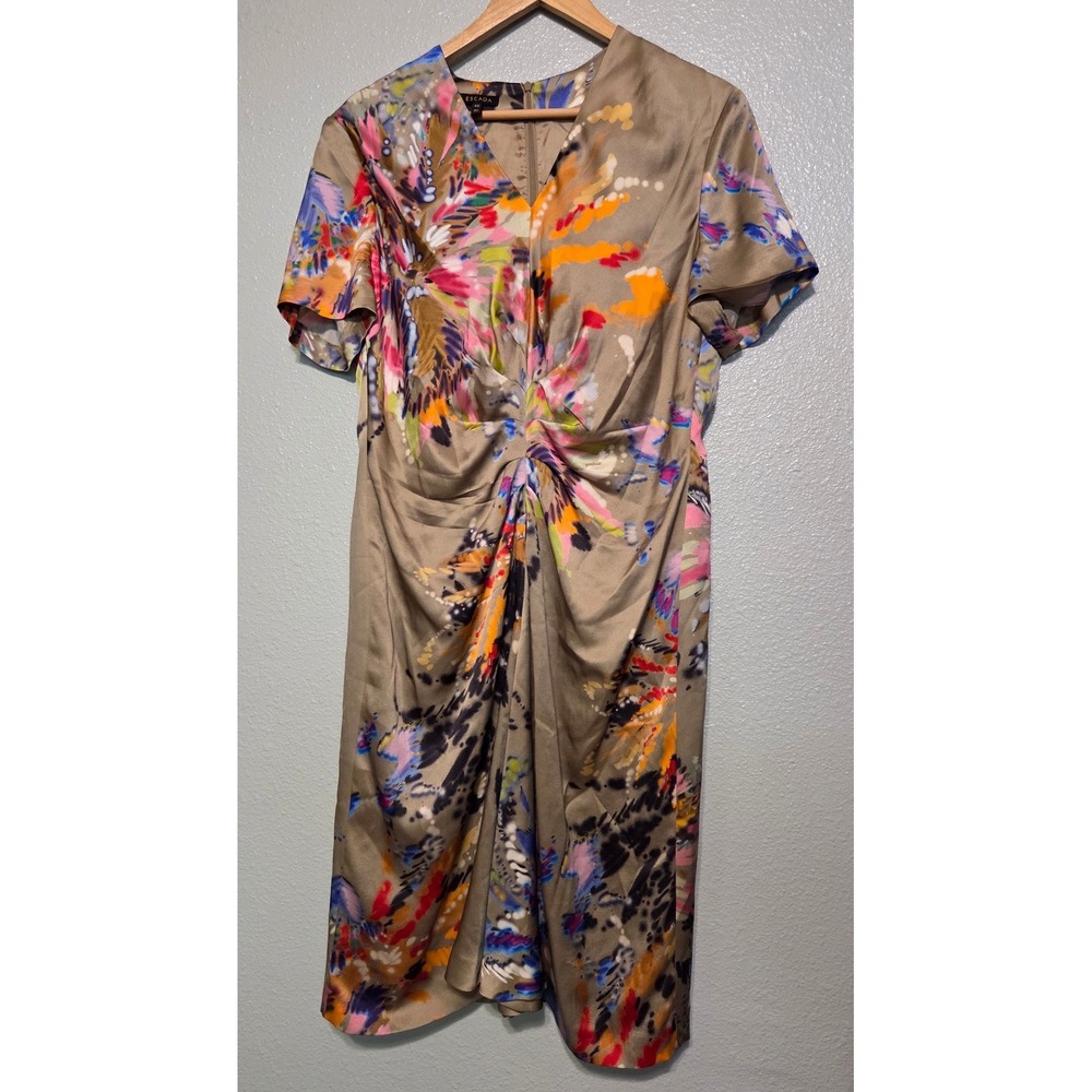 ESCADA Dragana 100% Silk Dress 42 US 12 Fantasy Floral Draped Ruched Midi